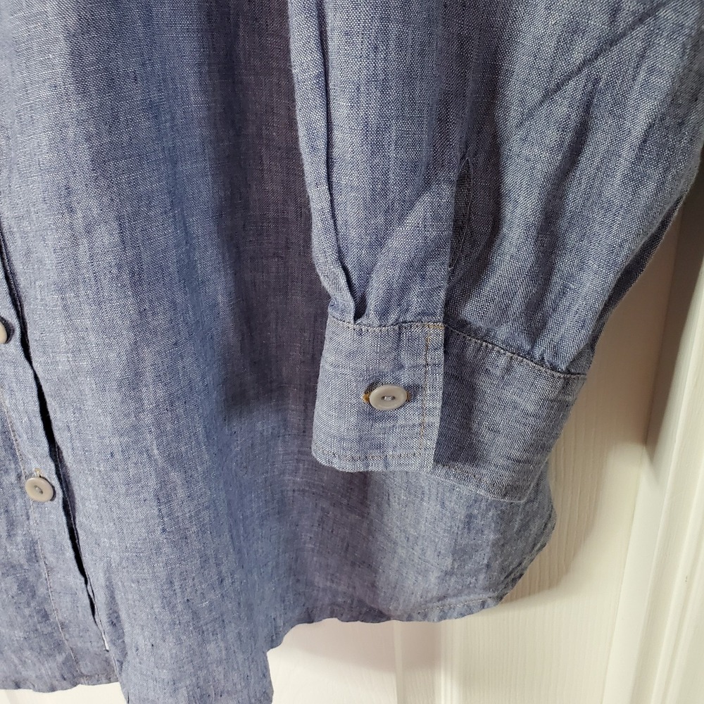 Flax Blue Linen Button Down Tunic Shirt Breathable Long Sleeves Chambray Medium - Picture 2 of 10
